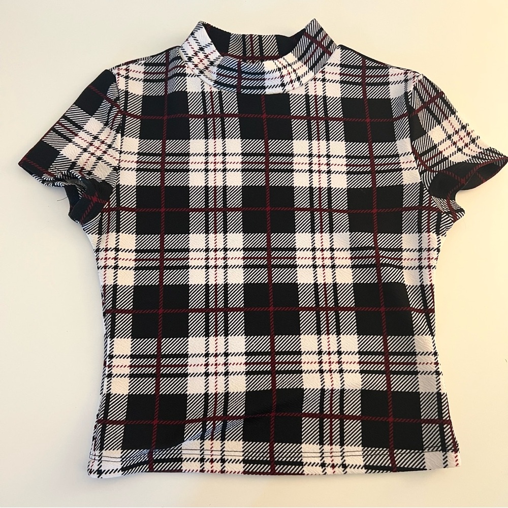 Plaid checkered check short sleeve top t-shirt blouse